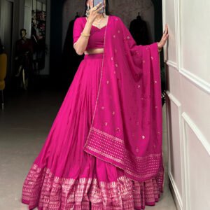 Pink Color Pure Chanderi Plain Navratri Lehenga Choli