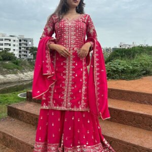 Rani Pink Color Faux Georgette Embroidered Sharara Suit